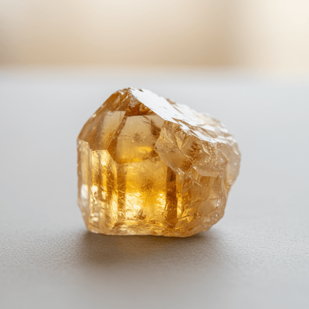 Citrine crystal with vibrant yellow hues on a neutral surface.