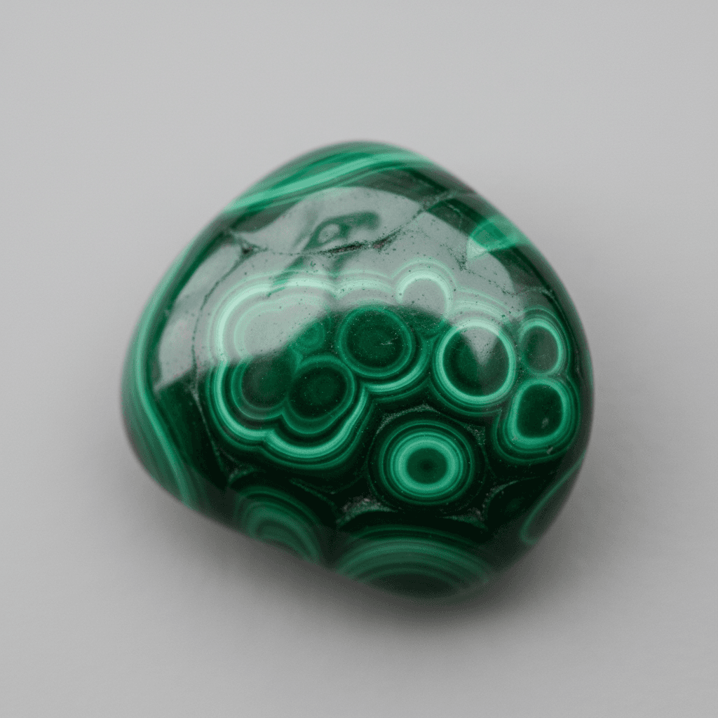 Close-up of a polished malachite stone with rich green swirling patterns.