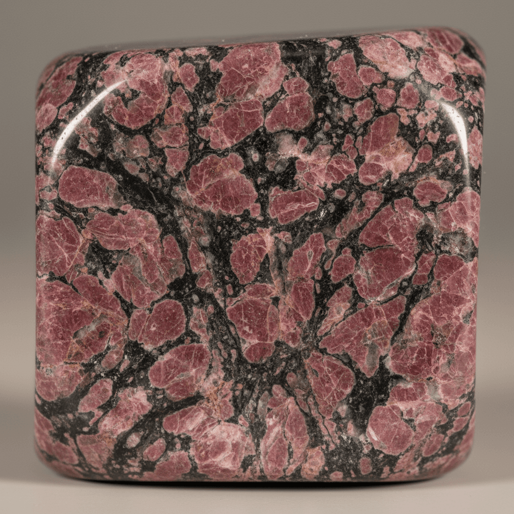 Dark Rhodonite crystal with deep pink and black swirling patterns on a neutral background.
