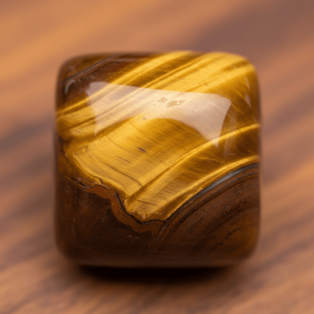 Close-up of a polished Tiger's Eye crystal with golden-brown bands