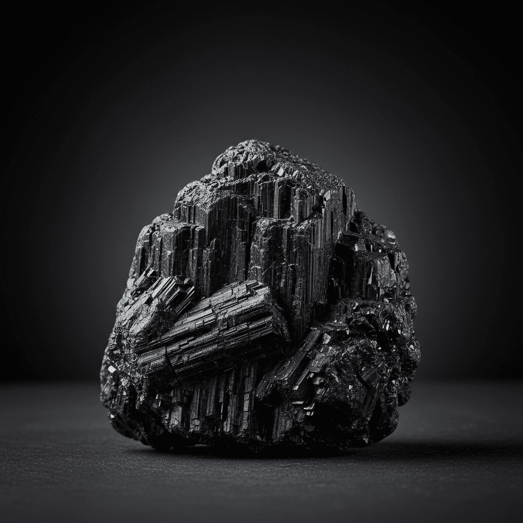 Black Tourmaline crystal cluster on a dark surface, elegantly lit to highlight its luster.