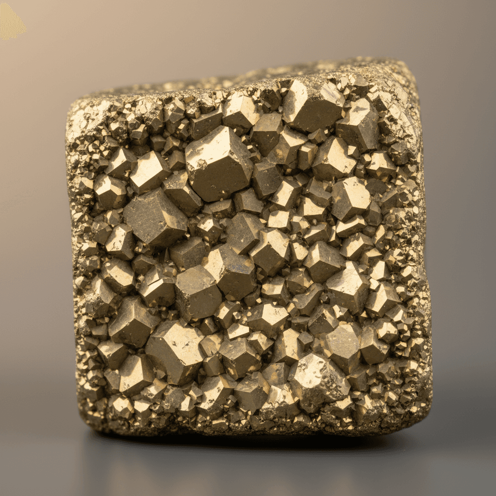 Close-up of a polished Pyrite crystal with golden metallic luster.